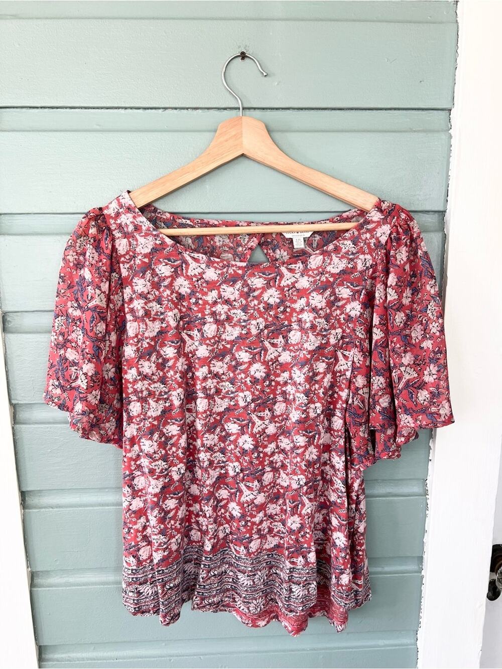 Lucky brand pink floral short sleeve boho knit top blouse size large
